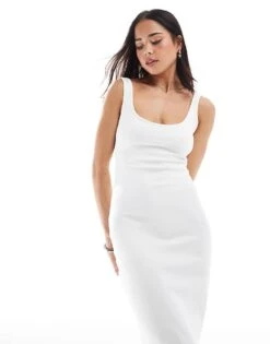 Bershka Square Neck Midaxi Dress In White For Women -Chic Maze Sales 208289527 2