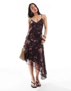 Bershka Asymetric Hem Midi Dress In Burgundy Floral For Women