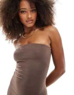 Bershka Asymetric Shaping Bandeau Maxi Dress In Brown For Women -Chic Maze Sales 208289552 3