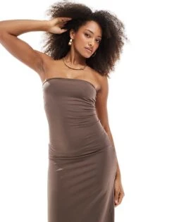 Bershka Asymetric Shaping Bandeau Maxi Dress In Brown For Women -Chic Maze Sales 208289552 4