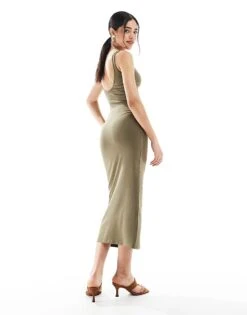 Bershka Scoop Neck Midaxi Dress In Khaki For Women -Chic Maze Sales 208289589 4