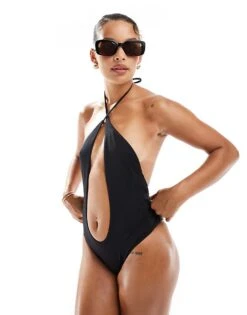 Bershka Cut Out Halterneck Swimsuit In Black For Women