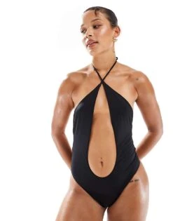 Bershka Cut Out Halterneck Swimsuit In Black For Women -Chic Maze Sales 208294267 4