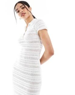Bershka Ribbed Knit Polo Maxi Dress In Ecru For Women -Chic Maze Sales 208300060 3