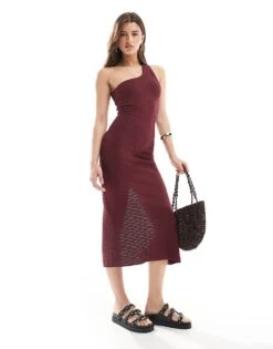Bershka One Shoulder Knitted Maxi Dress In Burgundy For Women -Chic Maze Sales 208300085 1 burgundy 1