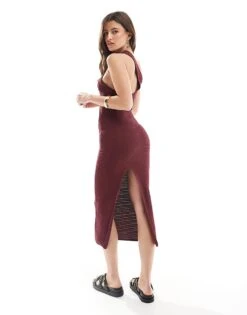 Bershka One Shoulder Knitted Maxi Dress In Burgundy For Women -Chic Maze Sales 208300085 3