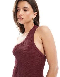 Bershka One Shoulder Knitted Maxi Dress In Burgundy For Women -Chic Maze Sales 208300085 4