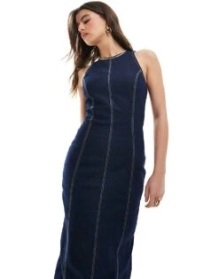 Bershka Shaping Bodycon Denim Maxi Dress In Dark Blue For Women -Chic Maze Sales 208300086 4