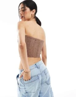 Bershka Knitted Bandeau Top In Brown For Women -Chic Maze Sales 208300088 2