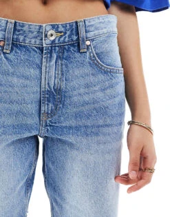 Bershka High Waisted Raw Hem Longline Denim Shorts In Mid Blue For Women -Chic Maze Sales 208300148 4
