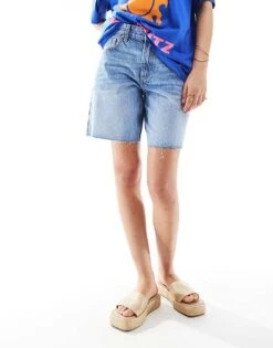Bershka High Waisted Raw Hem Longline Denim Shorts In Mid Blue For Women -Chic Maze Sales 208300148 5