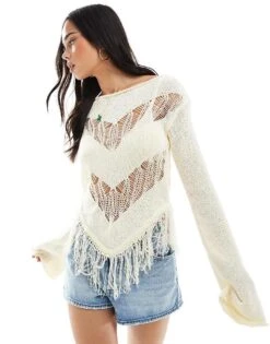 Bershka Fringe Detail Knitted Top In Butter For Women -Chic Maze Sales 208300161 1 butter 1