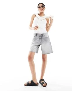 Bershka High Waisted Raw Hem Longline Denim Shorts In Washed Grey For Women