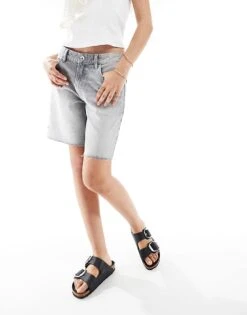 Bershka High Waisted Raw Hem Longline Denim Shorts In Washed Grey For Women -Chic Maze Sales 208300179 4