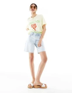 Bershka High Waisted Raw Hem Longline Denim Shorts In Light Blue For Women