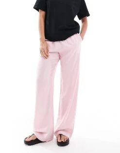 Bershka Tie Waist Wide Leg Linen Trousers In Pink For Women