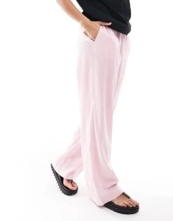 Bershka Tie Waist Wide Leg Linen Trousers In Pink For Women -Chic Maze Sales 208300217 3
