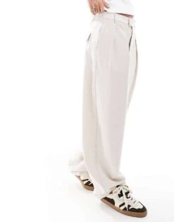 Bershka Wide Leg Pleated Front Tailored Trousers In Ecru For Women -Chic Maze Sales 208300243 3