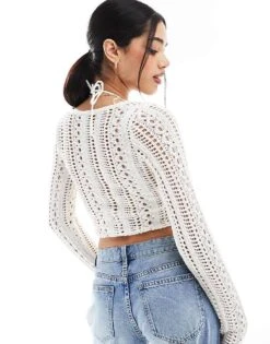 Bershka Crochet V-neck Top In Ecru For Women -Chic Maze Sales 208300278 2