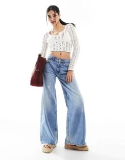 Bershka Crochet V-neck Top In Ecru For Women -Chic Maze Sales 208300278 3