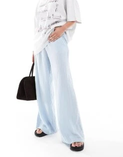 Bershka Crinkle Wide Leg Trousers In Blue For Women -Chic Maze Sales 208300302 1 blue 1