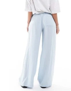Bershka Crinkle Wide Leg Trousers In Blue For Women -Chic Maze Sales 208300302 2