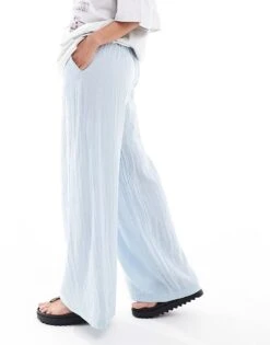 Bershka Crinkle Wide Leg Trousers In Blue For Women -Chic Maze Sales 208300302 3