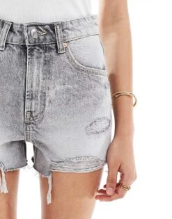 Bershka High Waisted Ripped Denim Shorts In Washed Grey For Women -Chic Maze Sales 208300303 3
