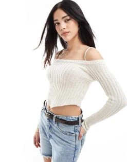 Bershka Ribbed Knitted Hankerchief Hem Top In Ecru For Women -Chic Maze Sales 208300329 1 ecru 1