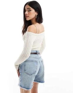 Bershka Ribbed Knitted Hankerchief Hem Top In Ecru For Women -Chic Maze Sales 208300329 4