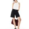 Bershka High Waisted Raw Hem Longline Denim Shorts In Washed Black For Women -Chic Maze Sales 208300341 1 black