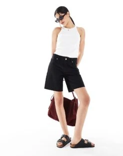 Bershka High Waisted Raw Hem Longline Denim Shorts In Washed Black For Women