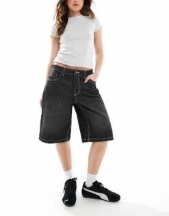 Bershka Baggy Longline Denim Shorts In Washed Black For Women
