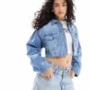 Bershka Cropped Denim Jacket In Mid Blue For Women -Chic Maze Sales 208300383 1 blue