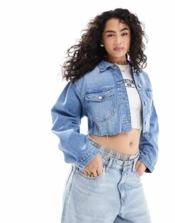 Bershka Cropped Denim Jacket In Mid Blue For Women