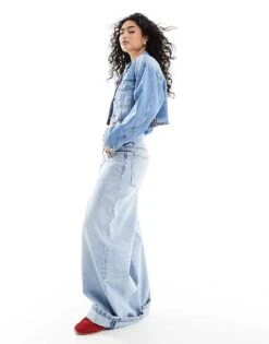 Bershka Cropped Denim Jacket In Mid Blue For Women -Chic Maze Sales 208300383 3