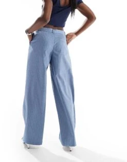 Bershka Wide Leg Tailored Trousers In Blue Stripe For Women -Chic Maze Sales 208300389 2