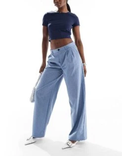 Bershka Wide Leg Tailored Trousers In Blue Stripe For Women -Chic Maze Sales 208300389 3