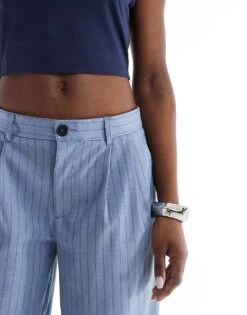 Bershka Wide Leg Tailored Trousers In Blue Stripe For Women -Chic Maze Sales 208300389 4