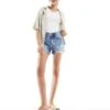 Bershka High Waisted Ripped Denim Shorts In Mid Blue For Women -Chic Maze Sales 208300398 1 blue