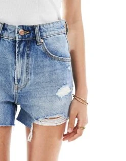 Bershka High Waisted Ripped Denim Shorts In Mid Blue For Women -Chic Maze Sales 208300398 3