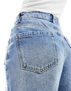 Bershka High Waisted Ripped Denim Shorts In Mid Blue For Women -Chic Maze Sales 208300398 4