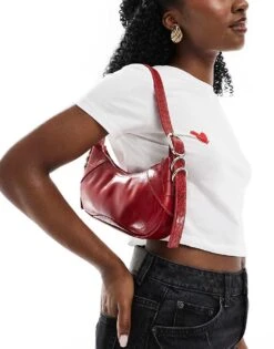 Bershka Patent Faux Leather Shoulder Bag In Red For Women