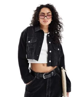 Bershka Cropped Denim Jacket In Black For Women