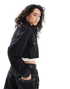Bershka Cropped Denim Jacket In Black For Women -Chic Maze Sales 208300416 3