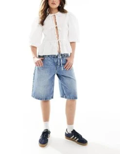 Bershka Baggy Longline Denim Shorts In Washed Blue For Women