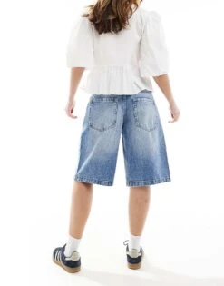 Bershka Baggy Longline Denim Shorts In Washed Blue For Women -Chic Maze Sales 208300422 3