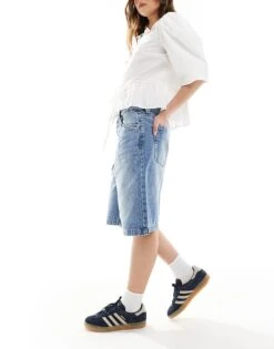 Bershka Baggy Longline Denim Shorts In Washed Blue For Women -Chic Maze Sales 208300422 4