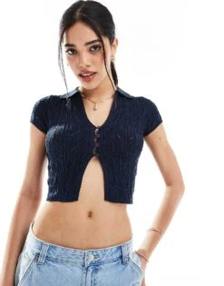 Bershka Crochet Polo Top In Navy For Women -Chic Maze Sales 208300440 1 navy 1