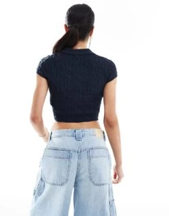 Bershka Crochet Polo Top In Navy For Women -Chic Maze Sales 208300440 3